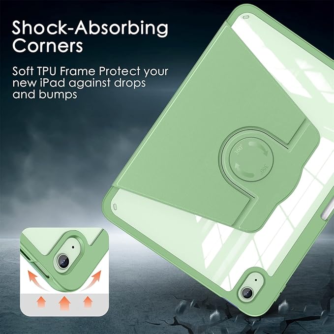 Soke Rotating Case for iPad (A16) 11th Generation 2025 iPad 10th Gen 2022 with Pencil Holder [Shockproof + Auto Sleep/Wake] 360 Degree Rotation Clear Back for iPad 11/10.9 - Matcha Green