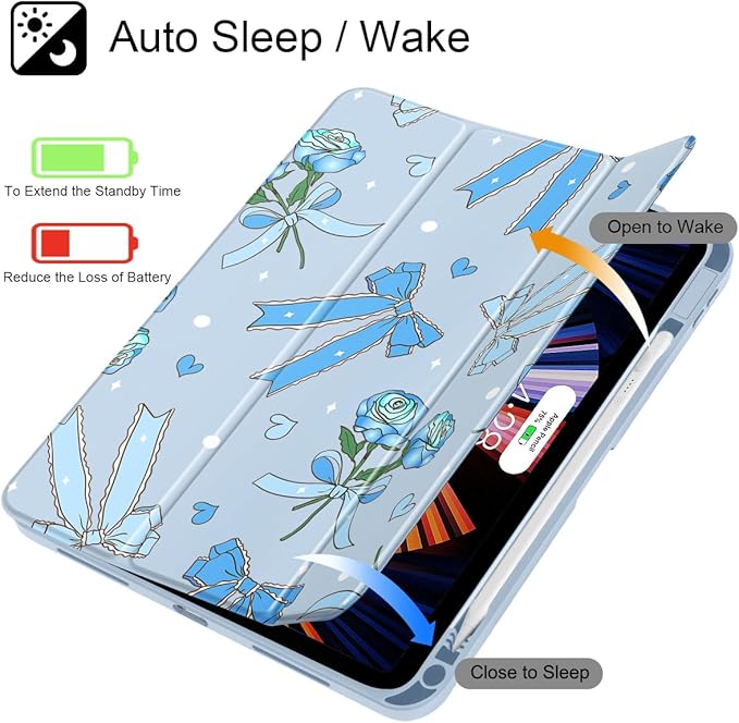 Tuiklol Case for iPad 11 inch (A16 Chip) 2025 Gen 11th / iPad 10.9 inch 2022 10th Gen Buit in Pencil Holder with Shockproof Cover Clear Transparent Back Shell Auto Wake/SleepBow &amp Rose Blue