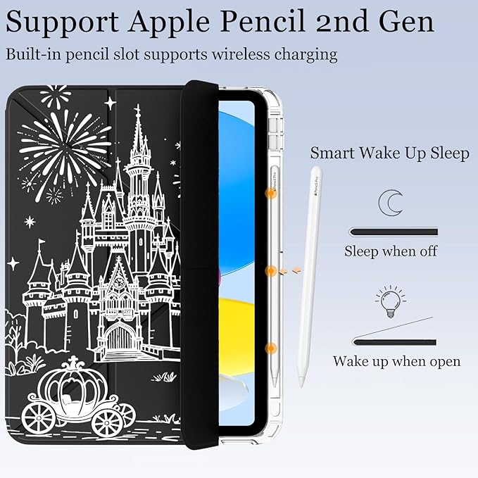 Cute White Castle for iPad (A16) 11th/10th Generation Case 11 Inch/10.9 Inch 2025/2022 with Pencil Holder Auto Sleep/Wake Black Leather Acrylic Back Detachable Cover