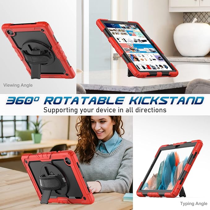Timecity Case for Samsung Galaxy Tab A8 10.5 inch SM-X200/X205/X207 with 360 Degree Rotatable Kickstand Hand Strap Shoulder Strap for Samsung Galaxy Tab A8 Tablet 2022 Released Red