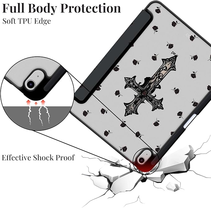 Y2k Printed Case for iPad Air 13 (M3) 2025/ (M2) 2024 Gothic Dark Rose Cross Clear Hard Back Hybrid Casewith Pencil Holder Trifold Stand Slim Tablet Cover for Girls Women