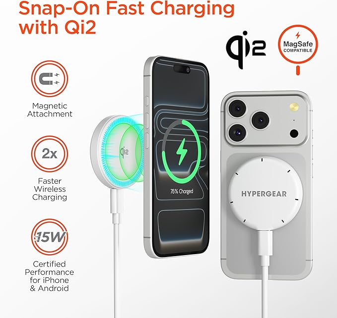 15W Magnetic Wireless Fast Charger with Qi2 - Portable 15W Snap-On Fast Charge MagSafe Wireless Charging Pad for iPhone Samsung Galaxy AirPods &amp More
