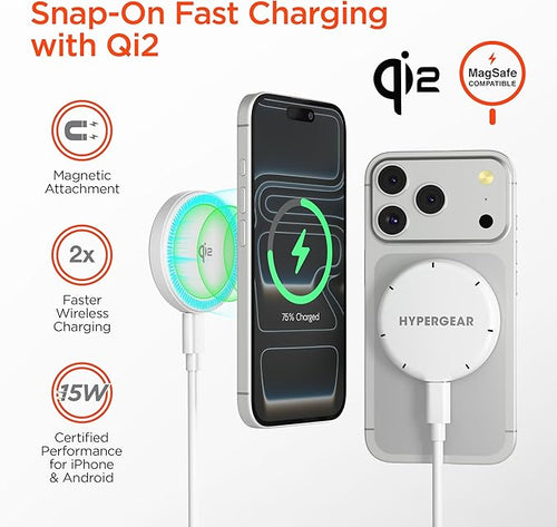 15W Magnetic Wireless Fast Charger with Qi2 - Portable 15W Snap-On Fast Charge MagSafe Wireless Charging Pad for iPhone Samsung Galaxy AirPods &amp More