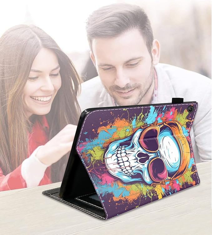 Case for Amazon Kindle Fire 7 Tablet (7 9th/7th Generation 2019/2017 Release) Slim PU Leather Cover with Card Slot &amp Auto Wake/Sleep Watercolor Art Skull