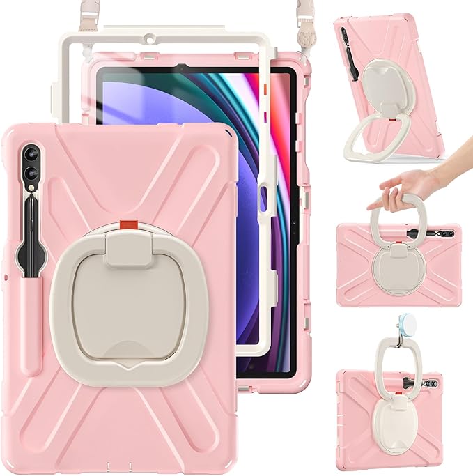 BRAECN Case for Samsung Galaxy Tab S10+/S9 FE+/S9+ 12.4” 2024 Rugged Silicone Cover with Shoulder Strap/S Pen Holder/Screen Protector/Kickstand/Handle Grip for Tab S9+/S8+/S7 FE/S7+ Sakura Pink