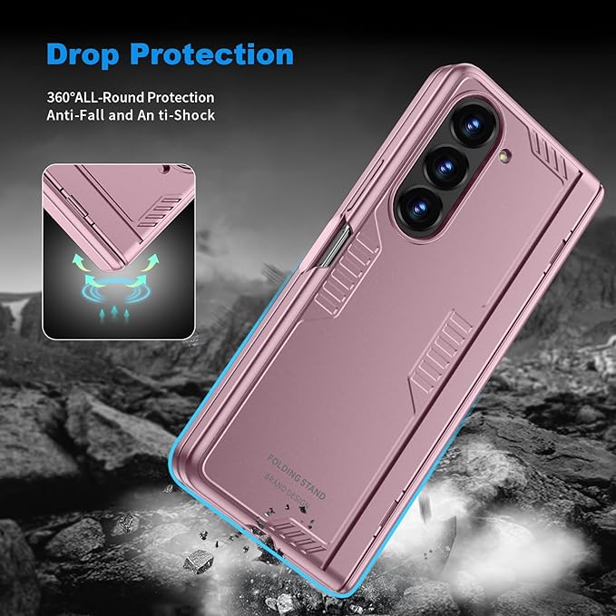 Phone Case for Samsung Z-Fold-5: [Hidden Kickstand][Wireless Charging] Slim Hinge Protection Lightweight Stand Case with Screen Protector- Protective Cover for Galaxy Fold 5 5G 2023 (Rose Gold)