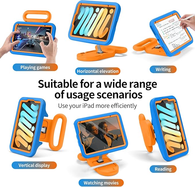 Kids Case for iPad mini 7 (A17 Pro) 2024 /iPad Mini6 2021Adjustable Portrait/Landscape Stand//Drop Proof with Handle/KickstandChild Friendly Case for iPad mini 7th/6th Gen 8.3inch (Blueorange)