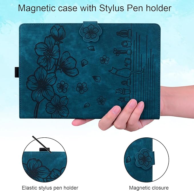Case for Samsung Galaxy Tab S10 FE+/S10 FE Plus 13.1 Inch 2025 (SM-X620/SM-X626B) with Pencil Holder/Pockets Folio Stand Embossed Cherry Blossom PU Leather Magnetic Wallet Cover Blue Cat