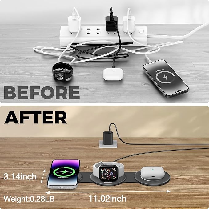HICOBER 3 in 1 Charging Station for Multiple Apple Devices Compatible with iPhone 17/16/15/14/13 Apple Watch &amp AirPods Foldable Fast Wireless Charger &amp Travel Charger for Home/Office/Trips