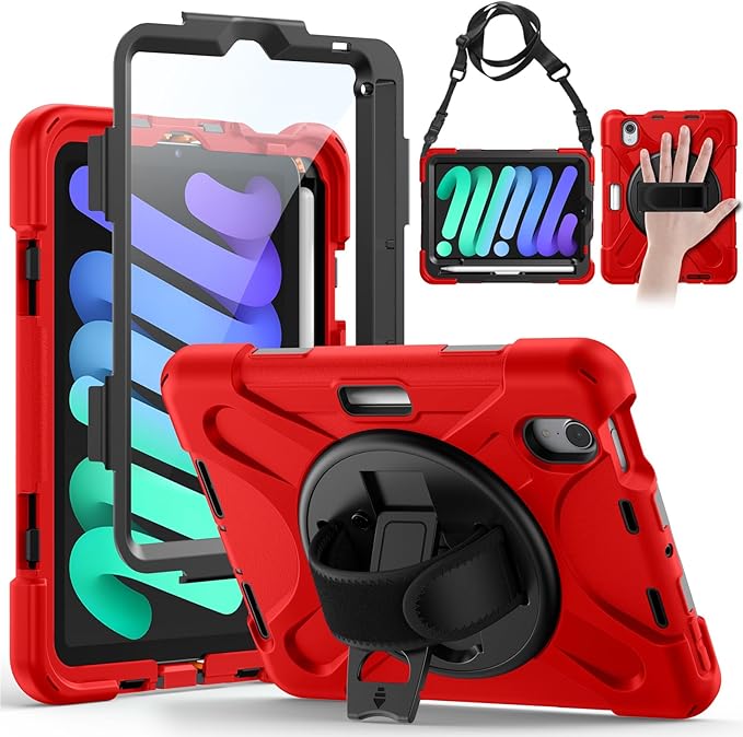 Gerutek Case for iPad mini 7 (A17 Pro) 2024/Mini 6 2021 8.3 inch Shockproof Cover for iPad mini 7/6th Generation with Screen Protector 360° Rotating Stand Hand/Shoulder Strap Pencil Holder Red