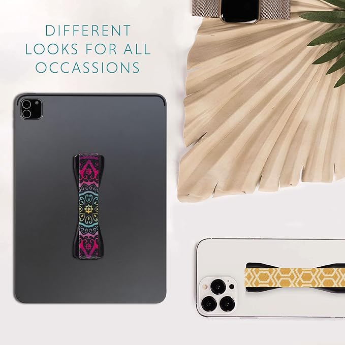 LOVEHANDLE Duo Elastic Strap for Smartphone and Tablet - Boho Design Black Base Grip + XL Grip