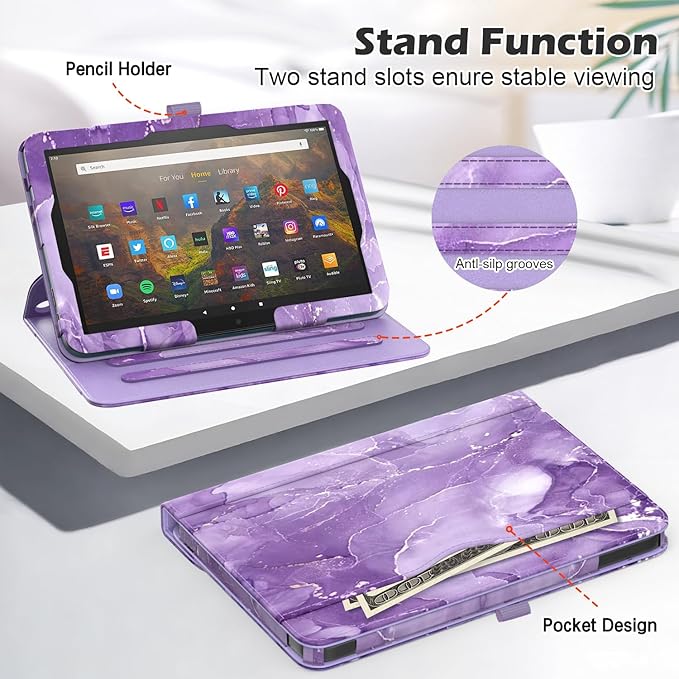 Case for 10 &amp 10 Plus Tablet (13th/ 11th Generation 2023/2021 Released) 360 Degree Rotating Stand PU Leather Cover with Pencil Holder Auto Sleep/Wake Pocket Design Marble Purple