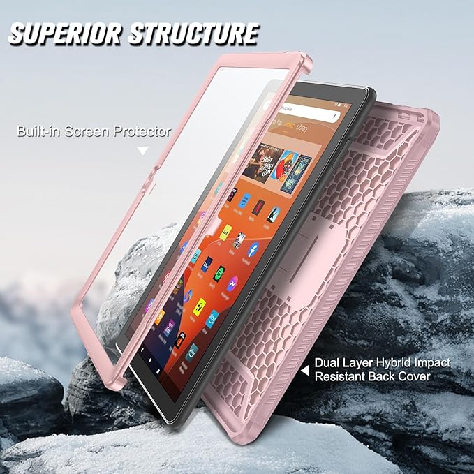 Fintie Shockproof Case for All-New Fire HD 10 Tablet (13th Generation 10.1 2023 Release) [Tuatara] Rugged Unibody Hybrid Bumper Kickstand Cover with Built-in Screen Protector Light Pink