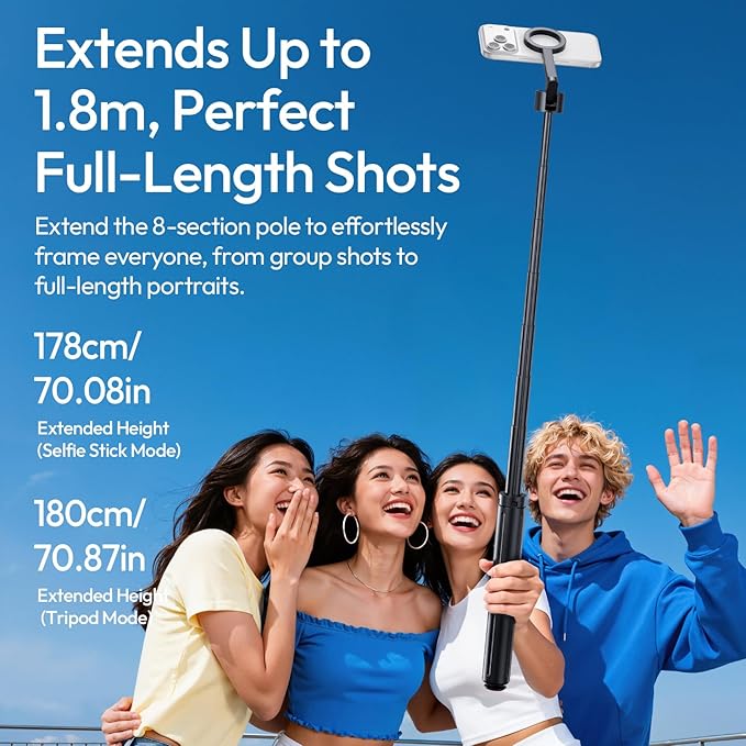 ULANZI Magnetic Phone Tripod-71'' Auto Open Selfie Stick Features Lift to Fold Extendable Selfie Stick w Remote Cell Phone Tripod Stand for Live Recording Vlog for iPhone 17 16 15 14 Series Black