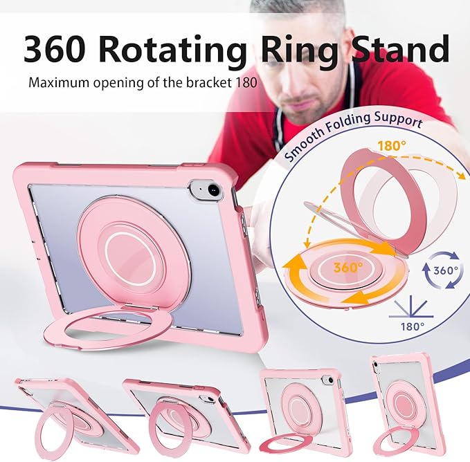 Case for iPad (A16) 11th /10th Generation 11 Inch 2025/10.9 inch 2022with Screen Protector360 Rotating Metal StandClear BackHeavy Duty Shockproof for Kids Case Pink