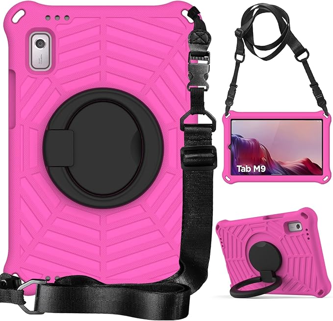 Compatible with Lenovo Tab M9 9.0 inch (TB-310FU) 2023 Case Tablet for Kids Light Weight EVA Rugged Shockproof Full Cover 360 Rotating Handle Stand Case (Rose Red)