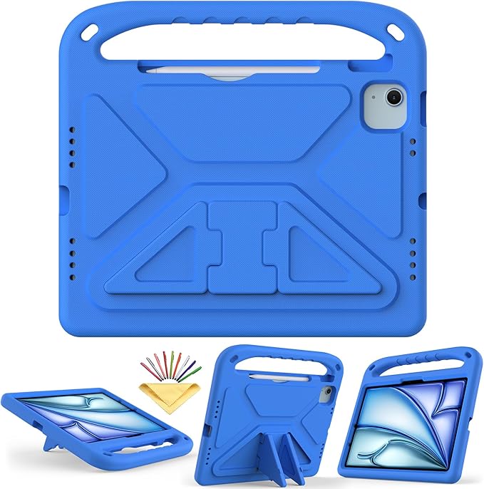 Kids Case for iPad Air 11 inch M4/M3/M2 (2026/2025/2024) &amp iPad Pro 11 inch M5/M4 (2025/2024) with Pencil Holder/Handle/Kickstand Lightweight Shockproof Cute Soft EVA Foam Stand Cover Blue