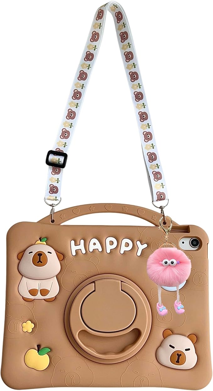 3D Cute Press Capybara Case for iPad 10th Generation (2022) 10.9 inch/iPad (A16) 11th 2025 11”Kawaii Cartoon Character Capybara Soft Silicone Rotating Stand Case with Lanyard for Kids Girls Women