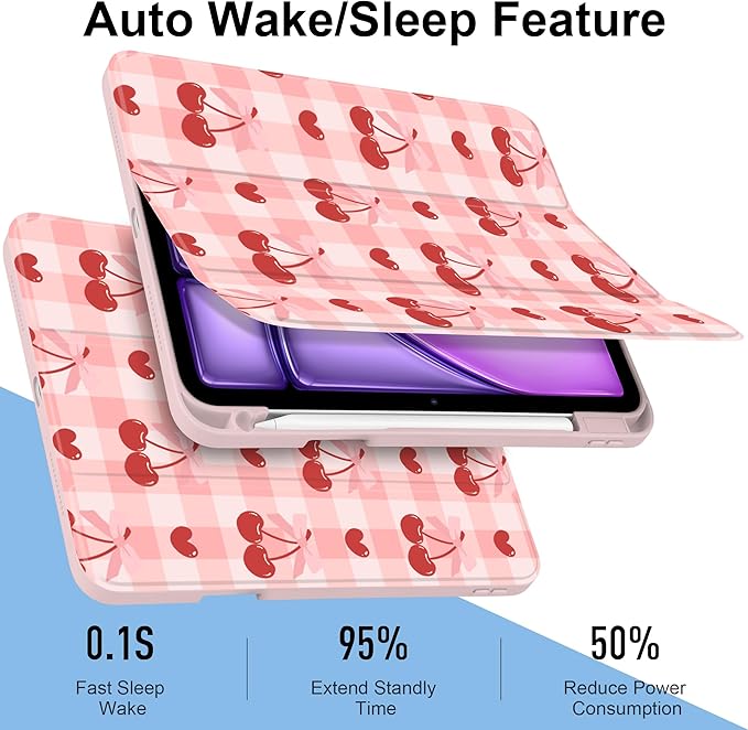 MecBevia Case for iPad Air 11-inch M4 2026 / M3 2025 / M2 2024 Slim Protective Cover with Built-in Pencil Holder Auto Wake/Sleep Pink Cherry Check