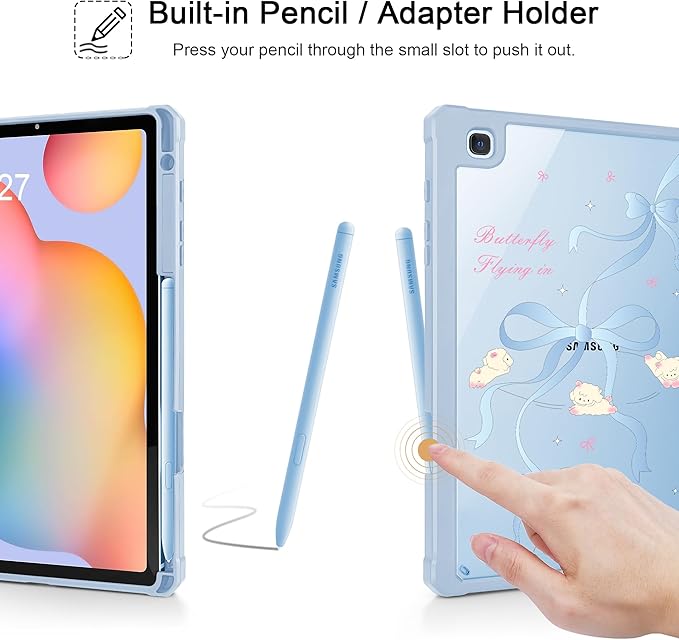 Mektron Case for Samsung Galaxy Tab S6 Lite 10.4 Inch 2024/2022/2020 with S Pen Holder Multi-Angle Viewing with Shockproof Cover Clear Shell + Trifold Stand + Auto Wake/Sleep Blue Bows-Sheep