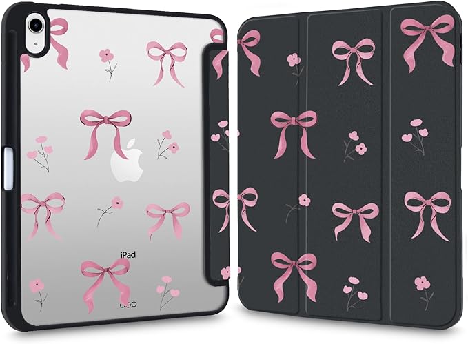 Cute Case for iPad mini 7th(A17 Pro) 2024 / Mini 6th Gen 8.3 2021 Pink Bow Tie Flower Clear Hard Back Hybrid Casewith Pencil Holder Trifold Stand Slim Cover for Women