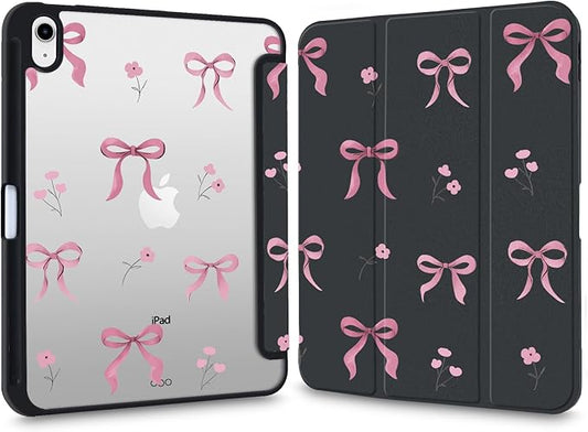 Cute Case for iPad Pro 13-inch (M4) 2024 Pink Bow Tie Flower Clear Hard Back Hybrid Casewith Pencil Holder Trifold Stand Slim Tablet Cover for Girls Women