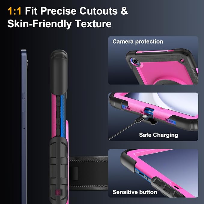 Case for Samsung Galaxy Tab A9+/A9 Plus 11 Inch 2023(SM-X210/X216/X218) Ubearkk Full-Body Drop Protection Case with Screen Protector 360° Rotating Stand and Hand/Shoulder Strap Pink
