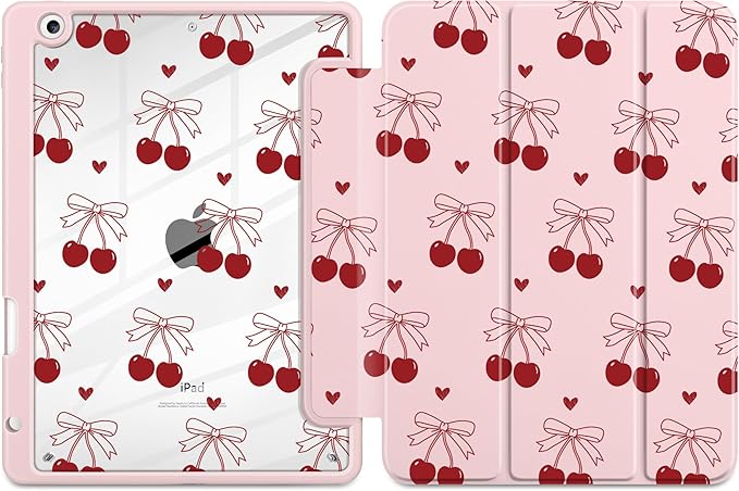 DONGKE for iPad 9th/8th/7th Generation Case 10.2 Inch (2021/2020/2019) [Auto Sleep/Wake &amp Pencil Holder] Clear Acrylic Back Trifold Stand Cover Cherry &amp Heart
