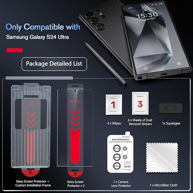 bersem 3 Pack for Samsung Galaxy S24 Ultra Screen Protector + 1 Pack Camera Lens Protector 9H+ Tempered Glass Film with Customized Installation Tray Military Grade Shatterproof HD Clear