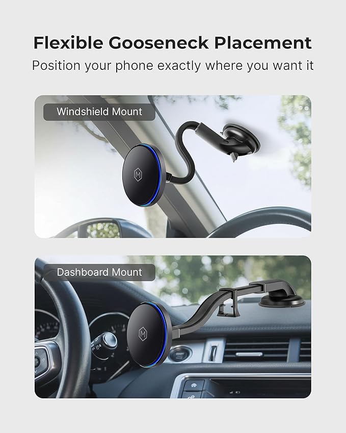 Mag Switch Qi2 Wireless Car Charger Gooseneck Mount 15W Fast Charger with Built in on/Off Switch for Smarter Charging Strong N52 Magnets Compatible with iPhone 14/15/16/17/Galaxy