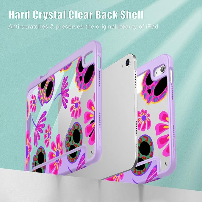 Mektron Printed Case for iPad mini 7 (A17 Pro) 2024/ Mini 6 2021 iPad mini 7th/6th Gen 8.3-inch Liquid Retina Display Cover Buit in Pencil Holder with Clear Back Shell Skull &amp Flowers Purple