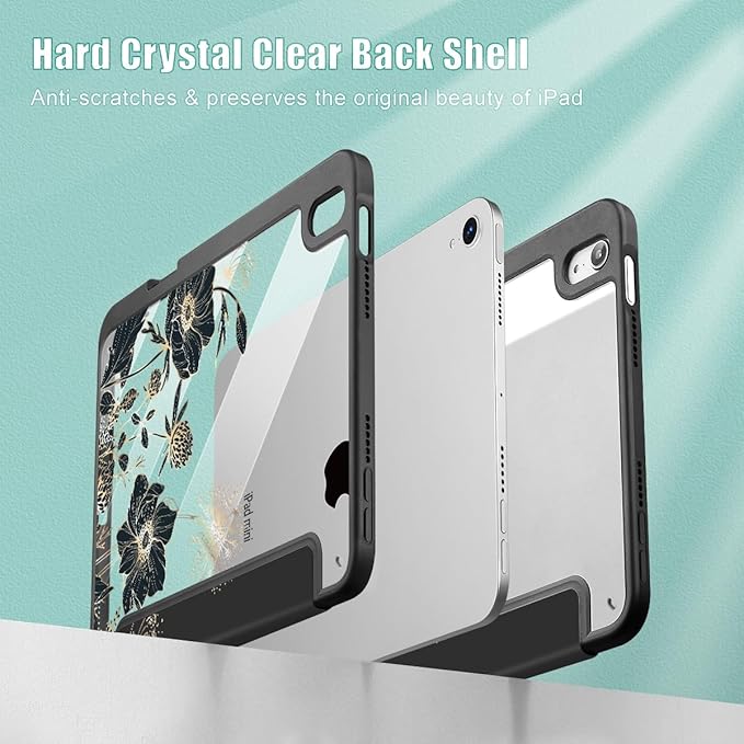 May Chen Slim Case for iPad mini 7 (A17 Pro 7th Generation) 2024 / iPad mini 6 (6th Gen) 8.3 Inch [Built-in Pencil Holder] Shockproof Cover Clear Clear Back Shell Auto Wake/Sleep Abstract Floral