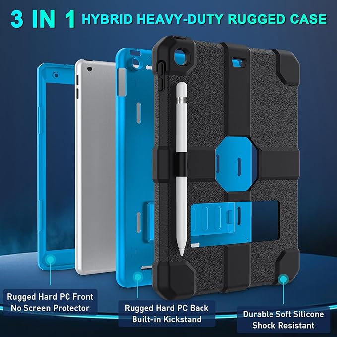 Case for iPad 9th/8th/7th Generation 2021/2020/2019(10.2 inch) Heavy Duty Shockproof Rugged Protective 10.2 Cover with Built-in Stand for iPad 9 8 7 Gen(Black+Blue)