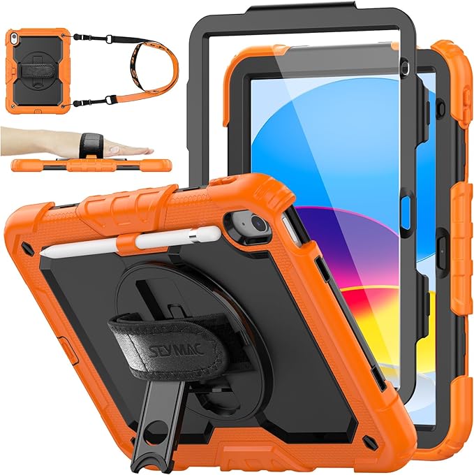 SEYMAC stock Case for iPad (A16) 11th/10th Generation 11''/10.9'' 2025/2022 Full-Body Drop Protection Case with Screen Protector &amp360° Rotate Hand Strap/Stand Black+Orange