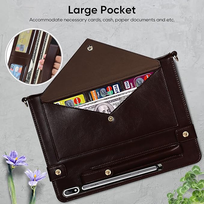 Tablet Carrying Shoulder Bag Case for Samsung Galaxy Tab S10+ Plus/ S9 FE+ Plus 5G/ S9+ 12.4 PU Leather Hand Strap Crossbody Shoulder Strap Cards Holder Pocket S Pen Holder Stand CaseDark Coffee