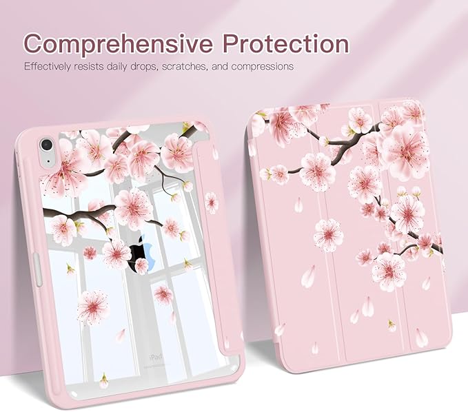 Teryeefi for iPad (A16) 11th Generation Case 11 Inch 2025 Release for iPad 10th Generation 10.9 Inch 2022 Protective Shell with Pencil Holder TPU+Crystal Hard Back CoverCherry Blossoms