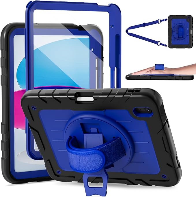 for iPad (A16) 11th/10th Generation Case 2025/2022 (11″/10.9″) Sturdy Heavy Duty Full-Body Shockproof Protective Case with Screen Protector Rotating Stand Hand/Shoulder Strap-Black+Dark Blue