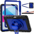 for iPad (A16) 11th/10th Generation Case 2025/2022 (11″/10.9″) Sturdy Heavy Duty Full-Body Shockproof Protective Case with Screen Protector Rotating Stand Hand/Shoulder Strap-Black+Dark Blue