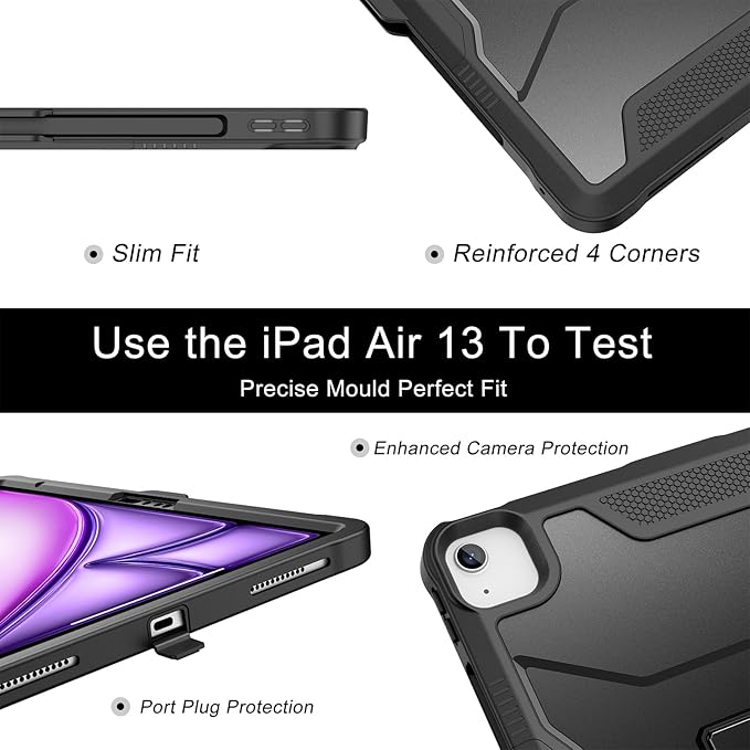 Soke Case for iPad Air 13-Inch M4 2026 M3 2025 &amp M2 2024with Built-in Screen Protector and Kickstand Rugged Full-Body Heavy Duty Protective Cover for Apple iPad Air 13 - Black