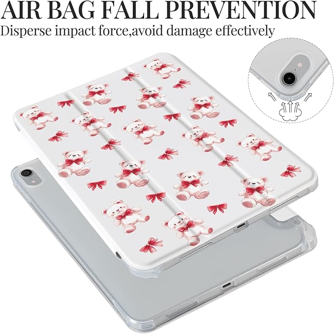 Cute Bear Red Bow for iPad Pro Case 12.9 Inch (2022/2021/2020/2018) 6th/5th/4th/3rd Gen[Pencil Holder+Auto Sleep/Wake]Slim Stand Soft Leather TPU Back Smart CoverWhite