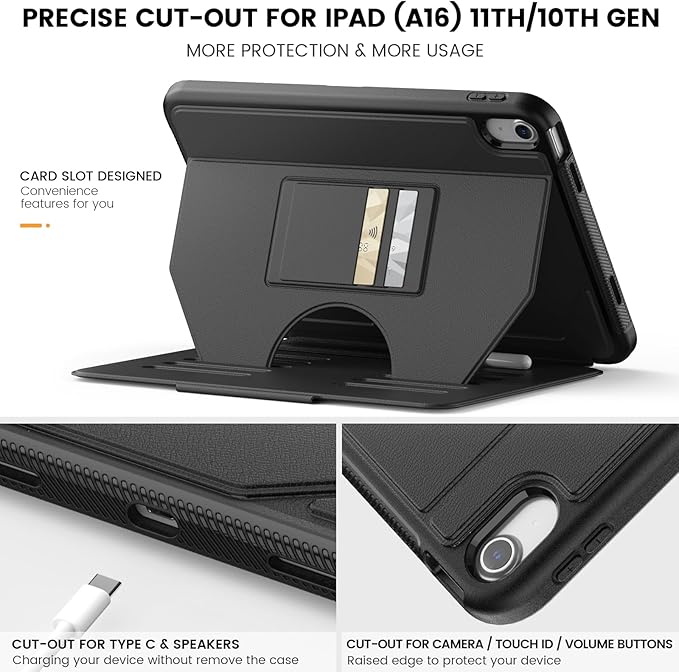 Case for iPad (A16) 11th/10th Generation 11''/10.9'' 2025/2022: Shockproof Protective Cover with Auto Wake/Sleep Strong Magnetic Multi-Angles Stand Pencil Holder Card Slot Black