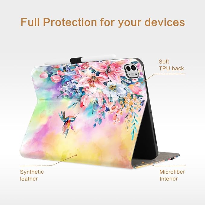 Vimorco Leather Case for iPad Pro 11 inch M5/M4 2025/2024 Pu Leather Protective Adjustable Stand Tablet Cover Hand Strap Card Pocket with Pencil HolderAuto Wake/SleepHummingbirds &amp Flowers