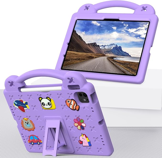 for iPad Air 11 inch Kids Case M3/M2 (2025/2024) &amp iPad Pro 11 Inch M4 Case 2024 with Pencil Holder/Handle/Kickstand Cute DIY Soft Shockproof Stand Lightweight Tablet Cover Light Purple Bear