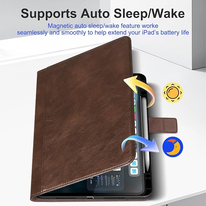 Genuine Leather Case for iPad Pro 12.9 Inch Folio Cover with Pencil Holder Auto Wake/Sleep &amp Adjustable Stand for 6th/5th/4th/3rd Generation (2022-2018) - Vintage Dark Brown