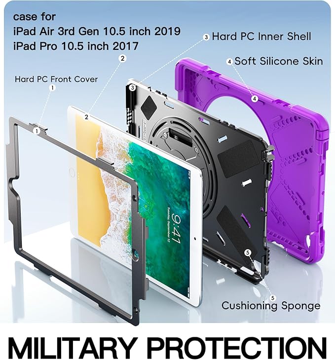 BRAECN Case for iPad Air 3rd Generation 2019 / iPad Pro 10.5 inch 2017 Rugged Heavy Duty Shockproof Cover with Pencil Holder 360° Rotating Kickstand &amp Adjustable Hand Strap &amp Shoulder Strap