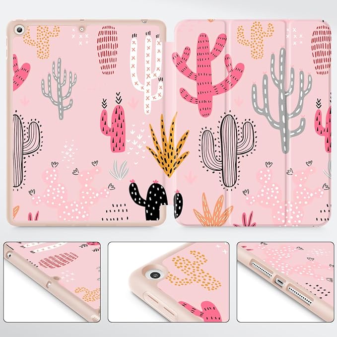 Mektron Designed Printed iPad 10.2 Case 9th Gen (2021)/ 8th Gen (2020)/ 7th Gen (2019) with Pencil Holder Slim Stand Protective Case with Soft TPU Back for iPad 10.2 Inch Colorful Cacti