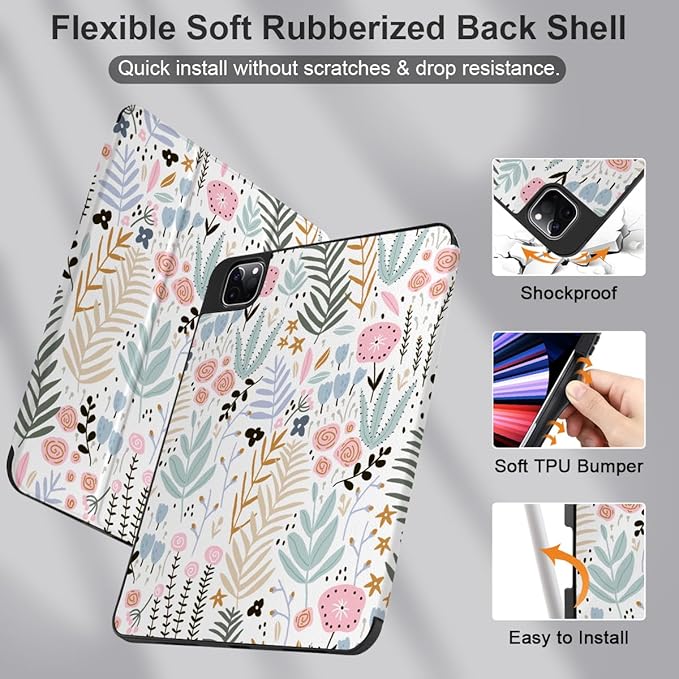 DONGKE Case for 2022/2021/2020/2018 iPad Pro 11 inch Gen 4/3/2/1 - Slim Protective Case - Built in Pencil Holder Support Charging - Trifold Stand &amp Sleep/Wake Cover - Tiny Flowers