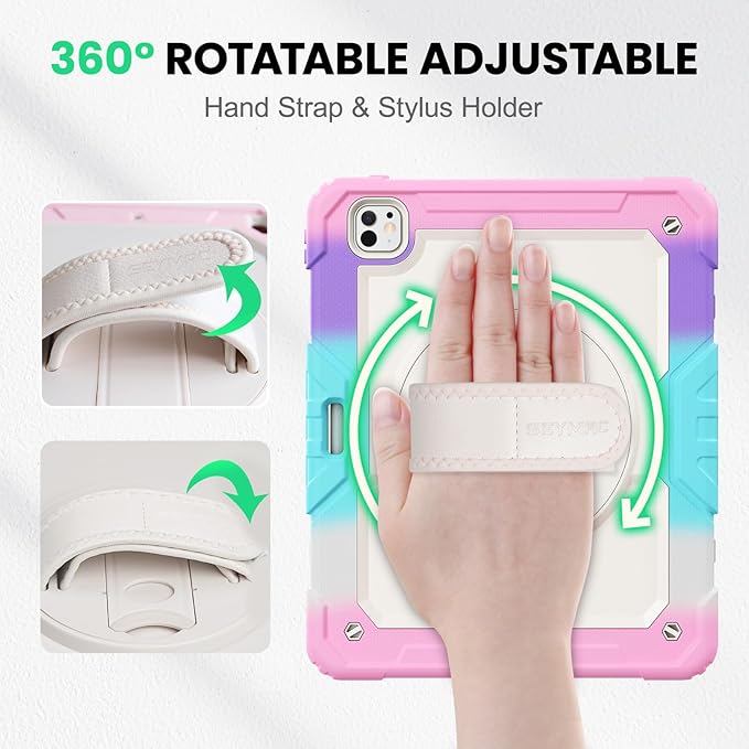 SEYMAC Case for iPad Pro 13 Inch M5 2025 / M4 2024 Heavy Duty Shockproof Protective Case with Screen Protector 360° Rotating Stand Hand/Shoulder Strap and Pen Holder Colorful/Pink