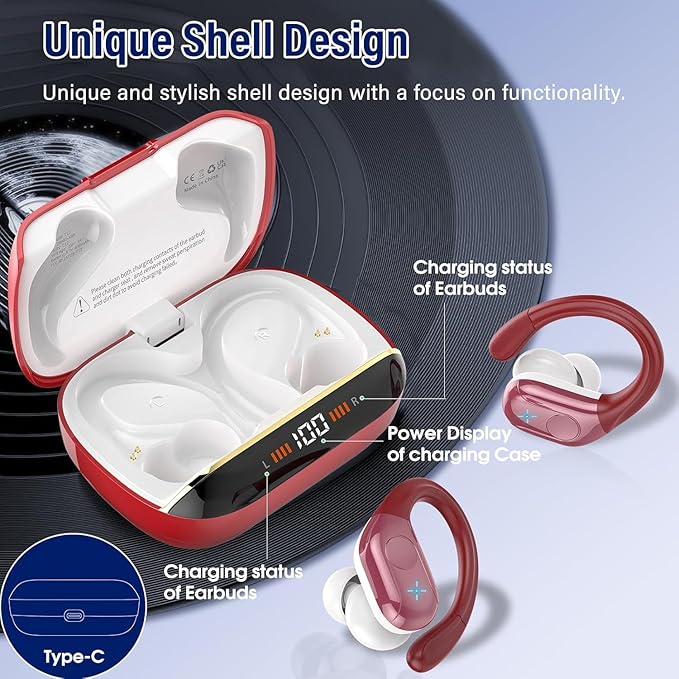 Wireless Earbuds Bluetooth 5.4 Headphones 75H Stereo Deep Bass Sports Over Ear Buds with Earhooks LED Display Bluetooth Earbuds with 4 ENC Mic IP7 Waterproof Earphone for Running Red
