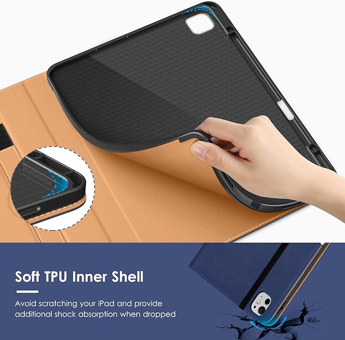 VIKESI Case for iPad Pro 13-inch M5 or M4 Released in 2025 or 2024 Leather Stand Cover with Apple Pencil Holder Auto Wake/Sleep Multiple Viewing Angles Built in Hand Strap &amp PocketNavy Blue